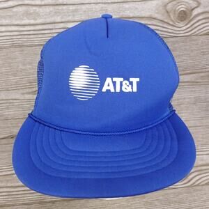 VINTAGE ATT AT&T LOGO VENTED BLUE SNAPBACK TRUCKER HAT CAP